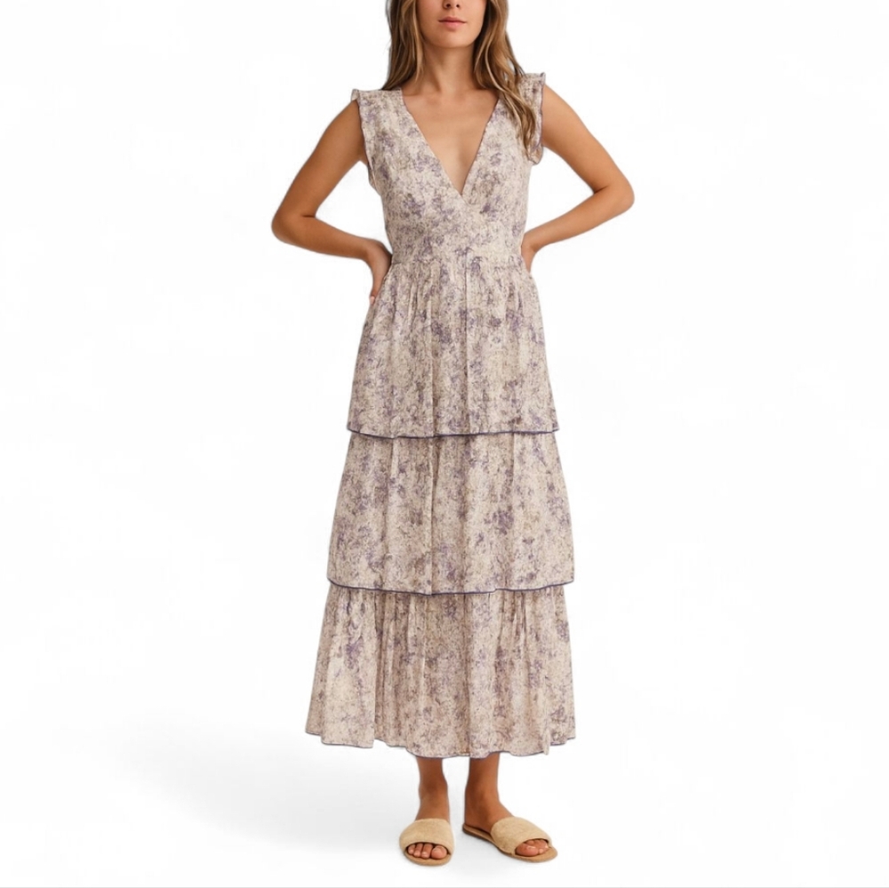 Happy x Nature | Cottage Plunge Neck Flutter Sleeve Ruffle Maxi Dress Tie Back 6